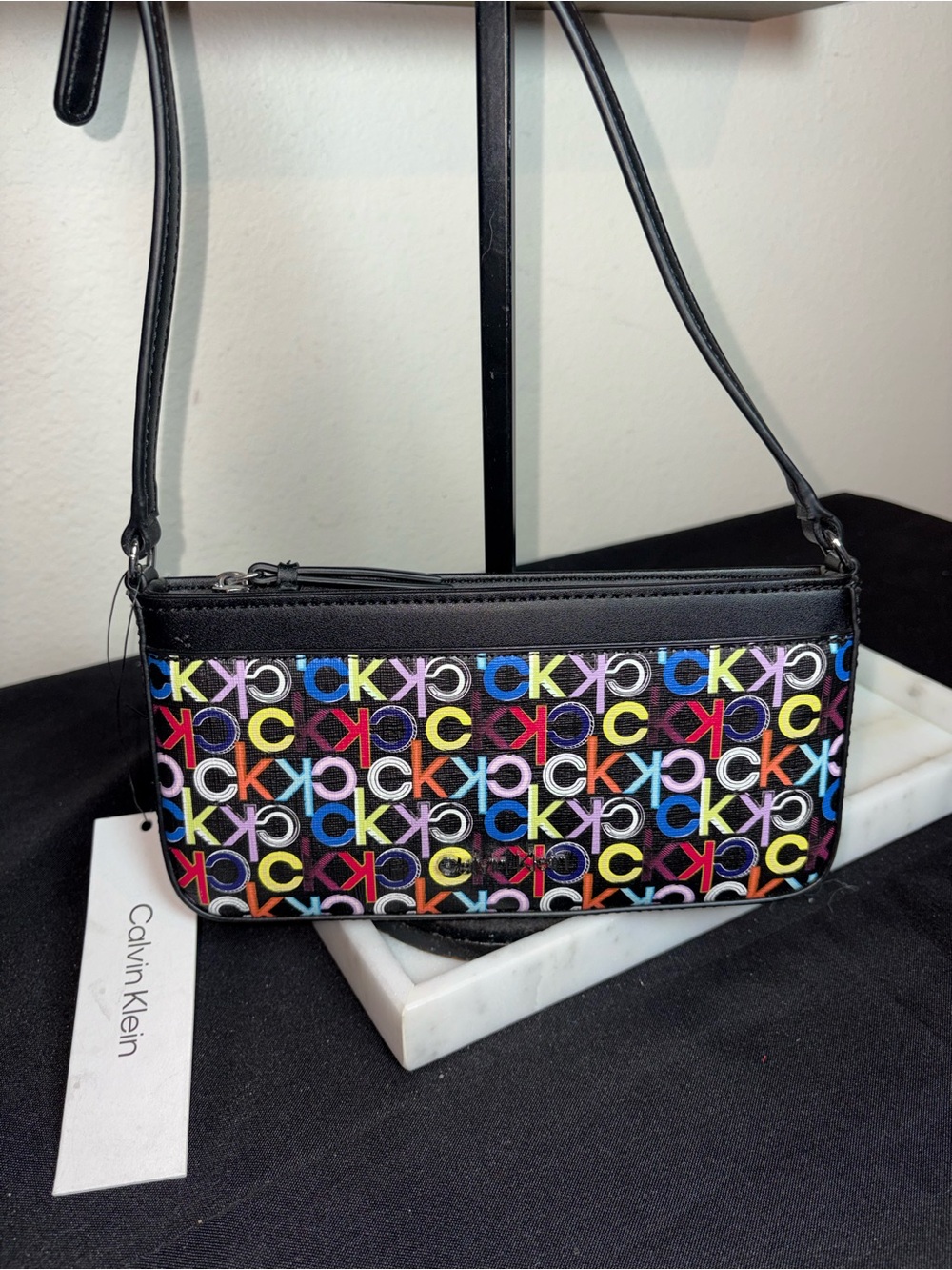 Calvin Klein Black Multicolor Logo Crossody Clutch Wallet Bag